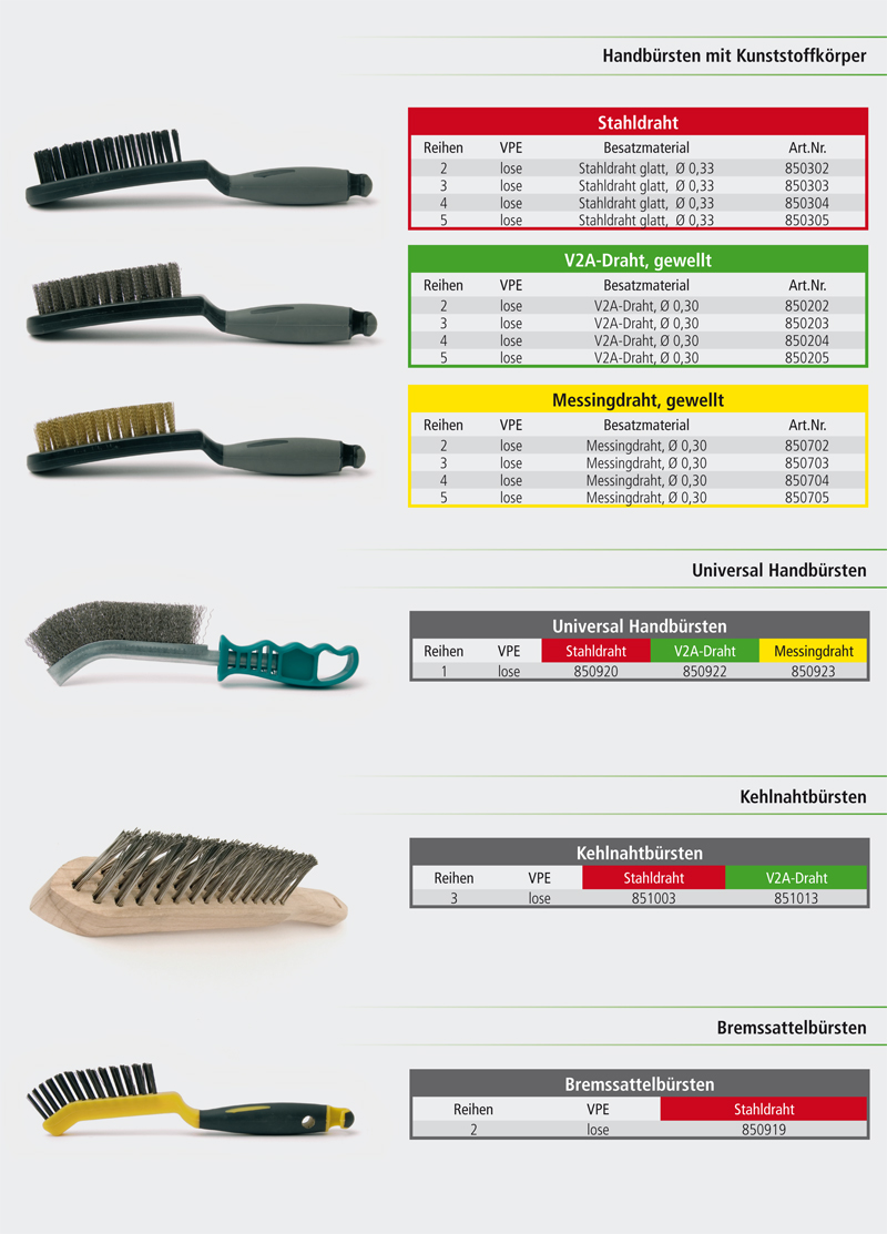 Handbürsten (Kunststoffkörper), Universal Handbürsten, Kehlnahtbürsten, Bremssattelbürsten