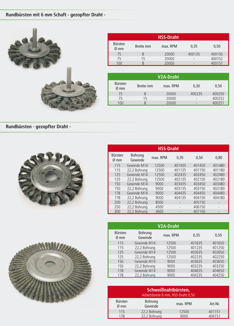 Rundbürsten mit 6mm Schaft (gezopfter Draht), Rundbürsten, (gezopfter Draht)